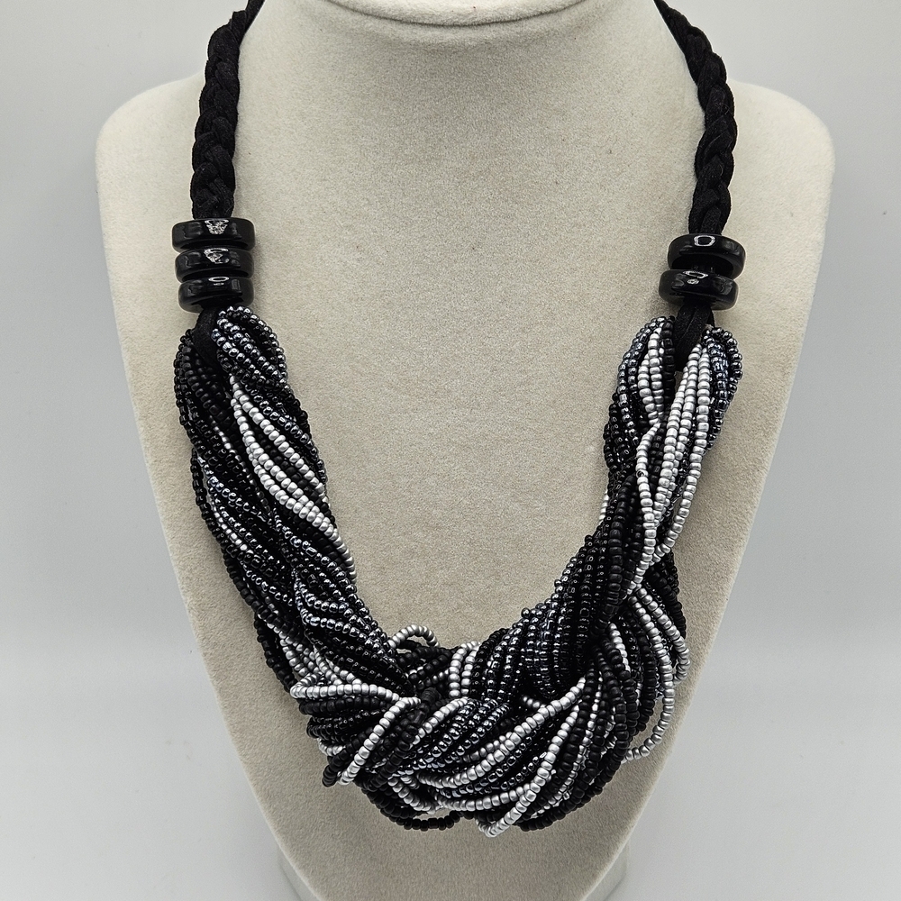 VINTAGE Glass Black & Silver Seed Bead Twisted Knot Statement Necklace